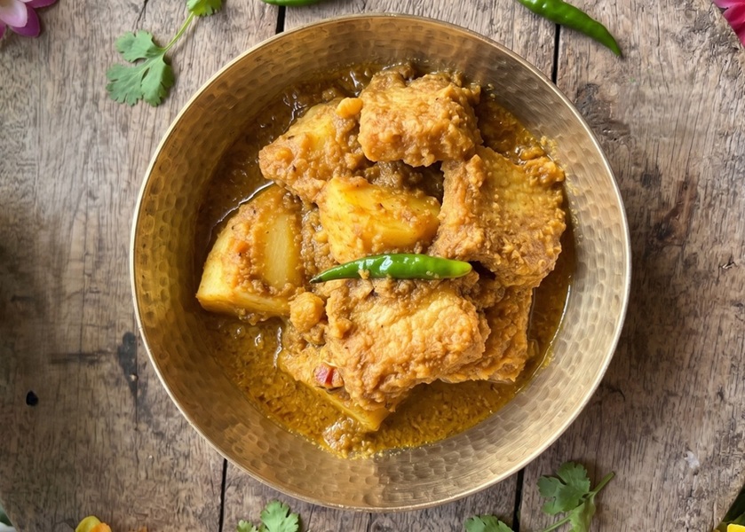 Dhokar Dalna - fried lentil cakes in cumin gravy